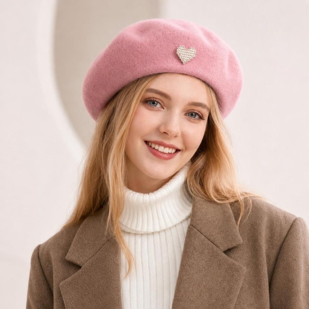Beret French Wool - ファッショナブルな暖かい冬用ウールベレー帽、ハート型無地フレンチアーティストハット、調節可能なエレガントなフェルトベレー帽（女性用）