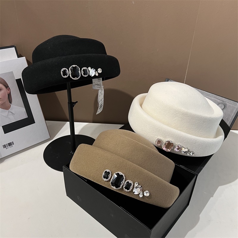 Fedora Hat Wool - 高品質ラインストーンウールトップハット韓国版多用途ベレー帽ファッションレトロスタイルペインターハット教会ドレスバケットハット