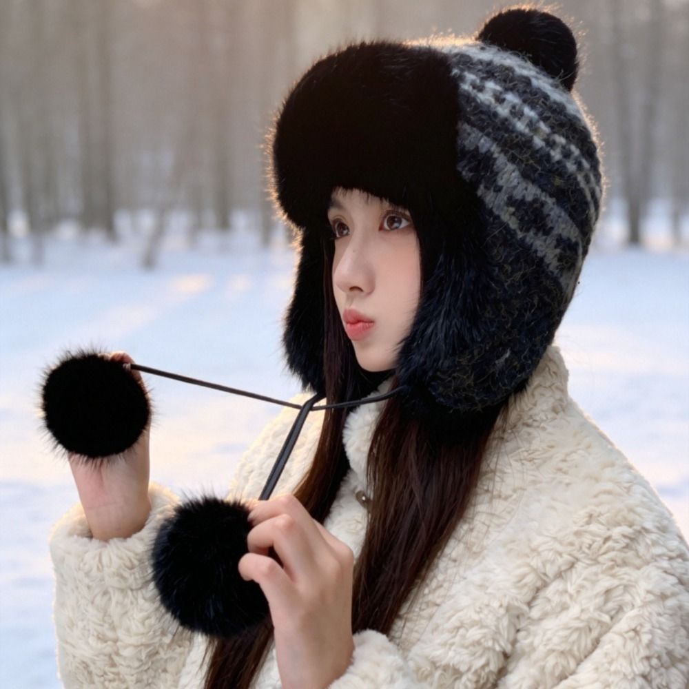 Winter Trapper Hat - スタイリッシュなポリエステル製ニットトラッパーハット ポンポン付き 頭囲55-58cm フェアアイル柄 イヤーフラップハット ウシャンカハット
