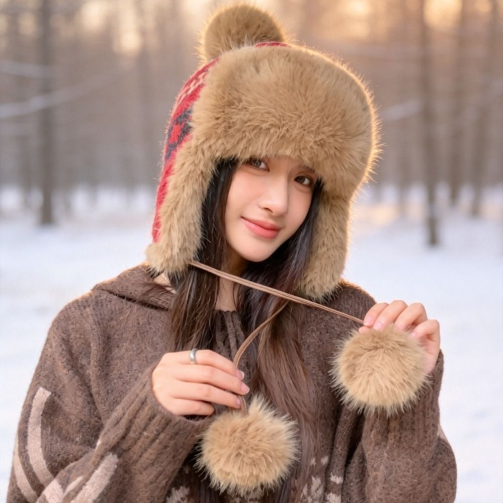 Winter Trapper Hat - スタイリッシュなポリエステル製ニットトラッパーハット ポンポン付き 頭囲55-58cm ウシャンカハット フェアアイル柄 イヤーフラップハット