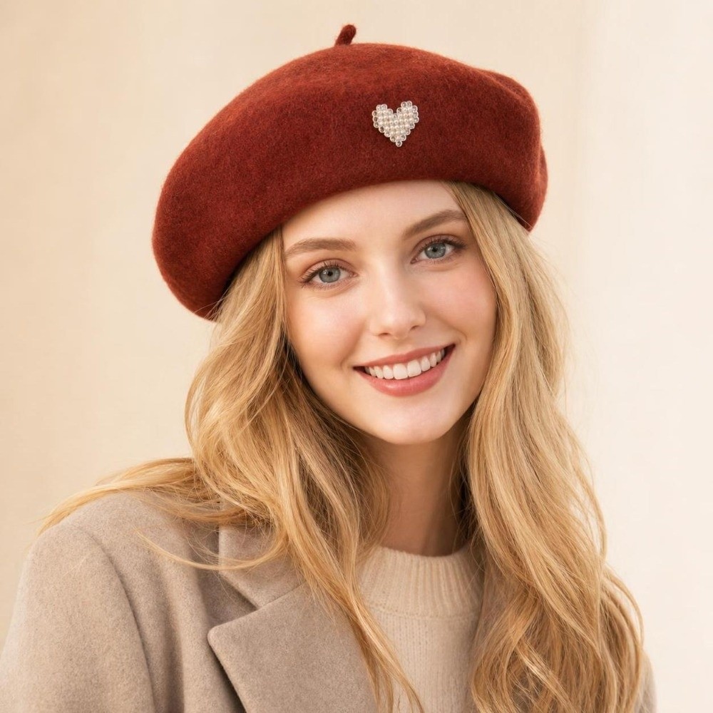 ファッショナブルな暖かい冬用ウールベレー帽、ハート型無地フレ - Beret French Wool のレビューと価格