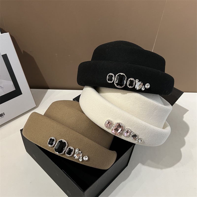 高品質ラインストーンウールトップハット韓国版多用途ベレー帽フ - Fedora Hat Wool のレビューと価格