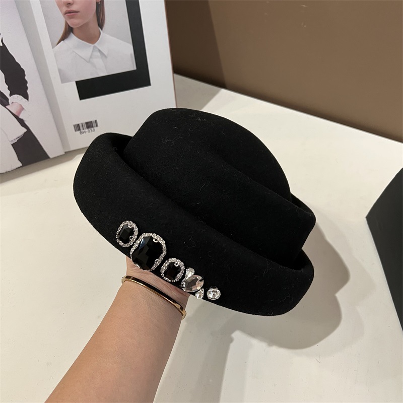 高品質ラインストーンウールトップハット韓国版多用途ベレー帽フ - Fedora Hat Wool のレビューと価格